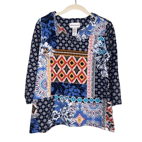 Alfred Dunner Tops - Alfred Dunner Womens Blue Patchwork Floral Studded Split Neck Top Size M
